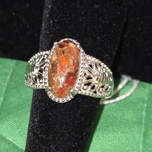 Matrix Fire Opal Solitaire Ring in Platinum Bond